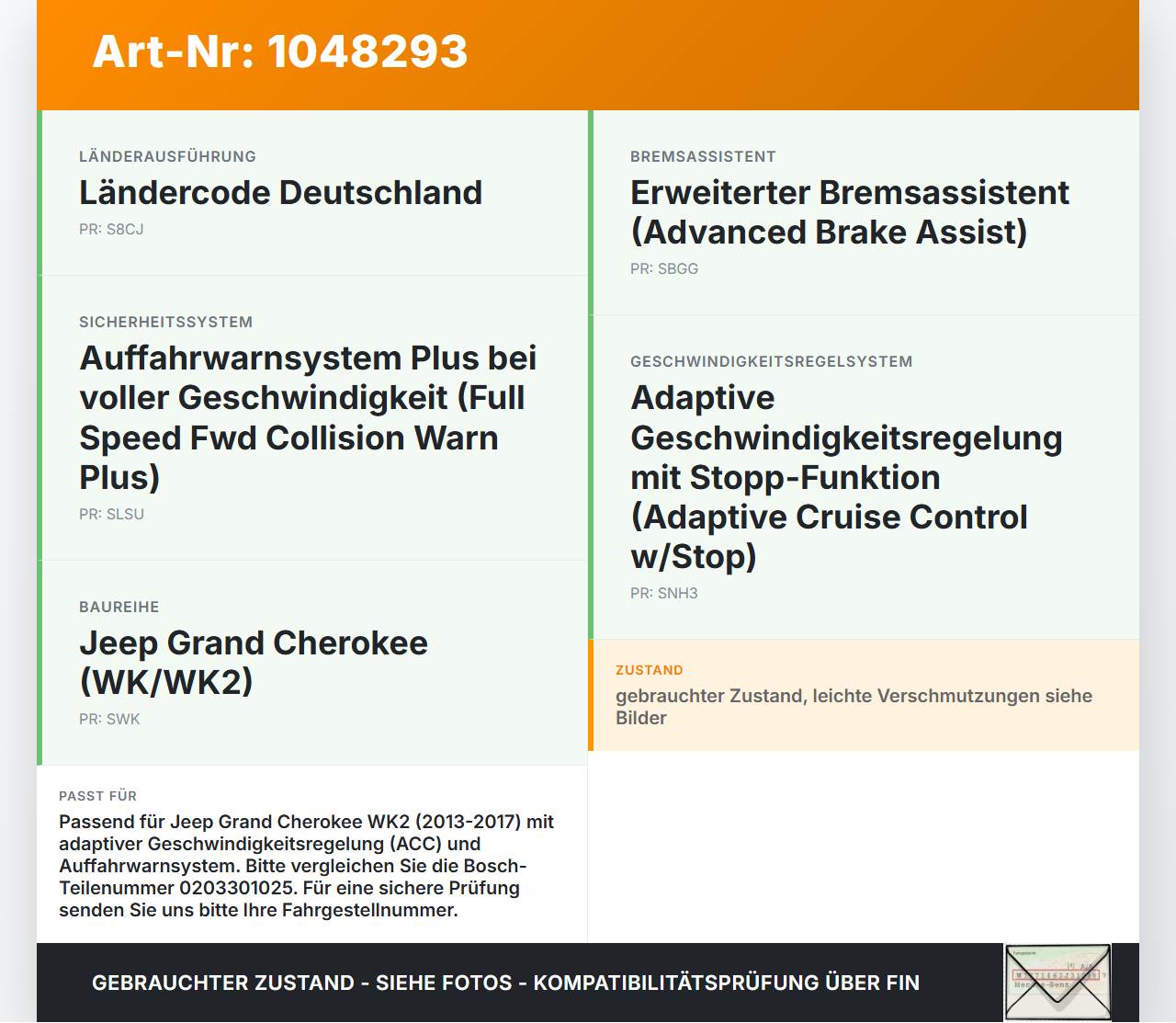 Jeep Grand Cherokee WK2 13-17 Abstandssensor Radar Distronic Jeep Grand Cherokee WK2 13-17 24.02.2017 0203301025... Vorschau 3