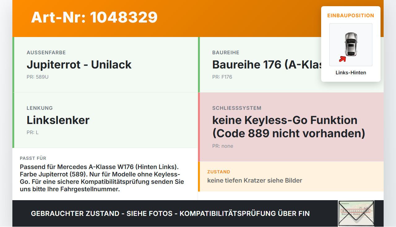 Mercedes W176 A200 12-15 Lim Türgriff Griff aussen Links Hinten 589 Mercedes W176 A200 12-15 05.11.2012 A2047602134... Vorschau 3