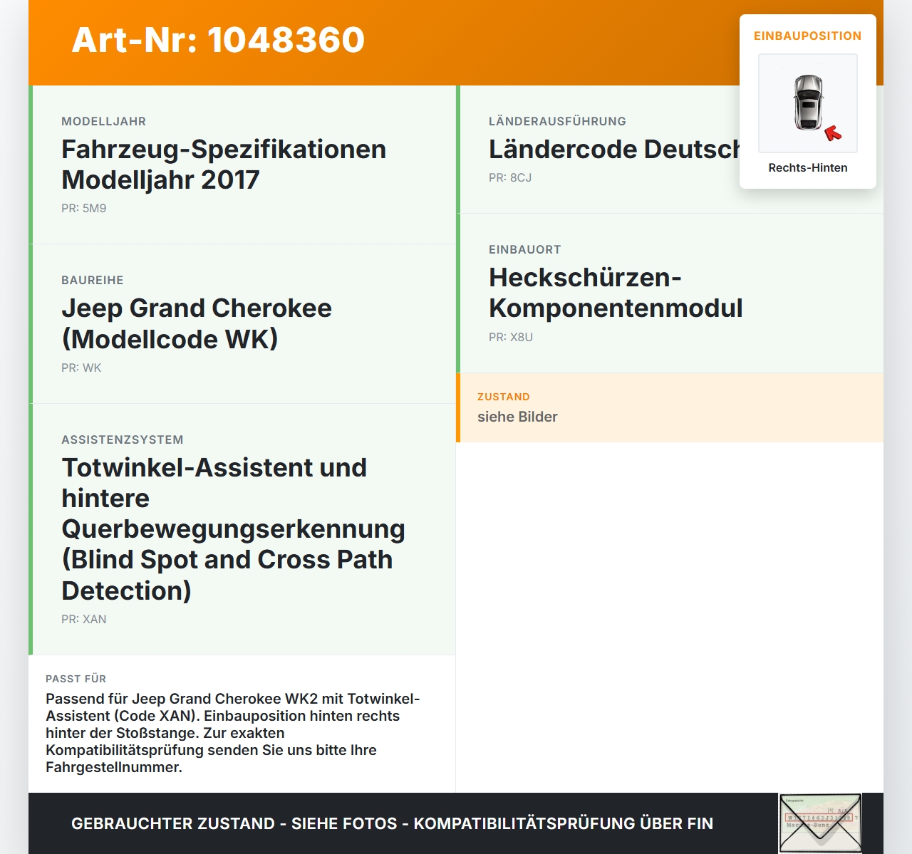 Jeep Grand Cherokee WK2 13-17 3,0d 184KW Sensor Totwinkelassistent Rechts Hinten Jeep Grand Cherokee WK2 13-17... Vorschau 3