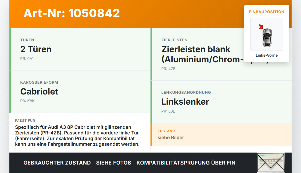 Audi A3 8P 08-13 Leiste Scheibendichtung für Tür Links Vorne Audi A3 8P 08-13 13.05.2008 8P7837479B gebraucht Vorschau 3