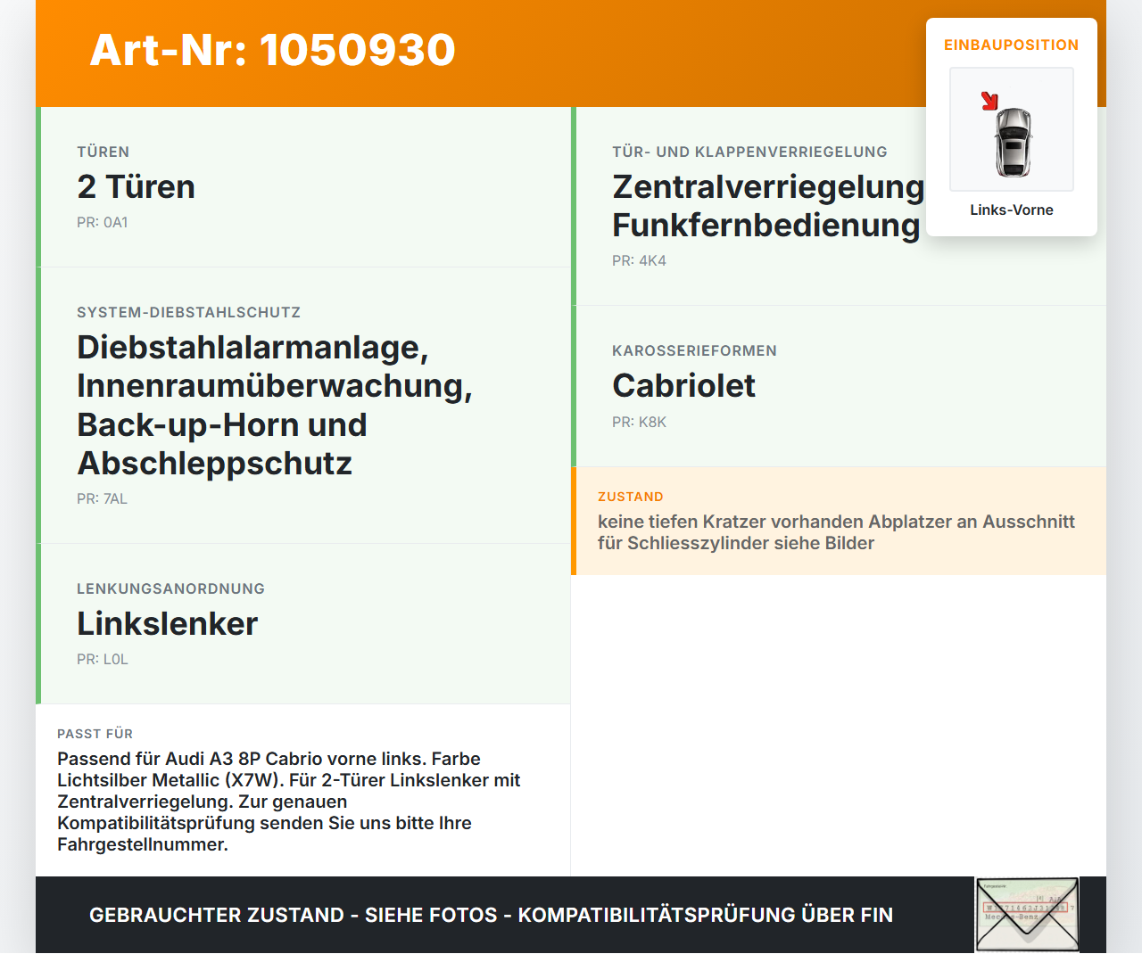 Audi A3 8P 08-13 Cabrio Türgriff Griff aussen Links Vorne LX7W Audi A3 8P 08-13 13.05.2008 4F0837207B gebraucht Vorschau 3