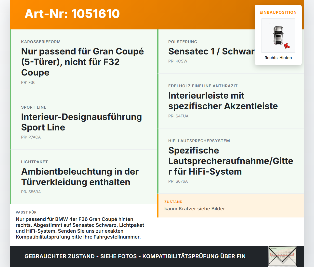 BMW 428i F36 14-17 Coupe Türverkleidung Türpappe Rechts Hinten BMW 428i F36 14-17 02.06.2016 7346356 51427346356... Vorschau 3