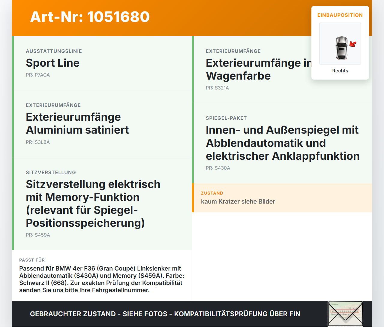 BMW 428i F36 14-17 Spiegel Aussenspiegel Rechts Elektrochrom 668 BMW 428i F36 14-17 02.06.2016 5116-7285136 7285136... Vorschau 3