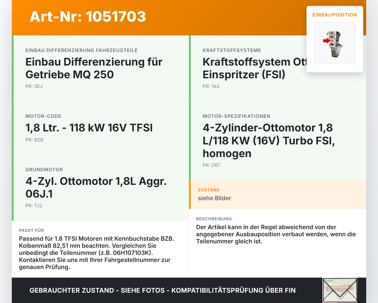 Audi A3 8P 08-13 TFSI 1,8 118KW BZB Kolben mit Pleuel Pos B 82,51 Audi A3 8P 08-13 13.05.2008 06H107065BK gebraucht Vorschau 3