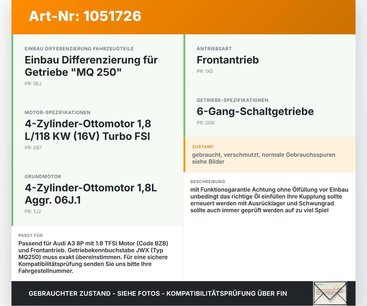 Audi A3 8P 08-13 TFSI 1,8 118KW JWX Schaltgetriebe Getriebe Audi A3 8P 08-13 13.05.2008 02S300047P 1K0254509X gebraucht Vorschau 3