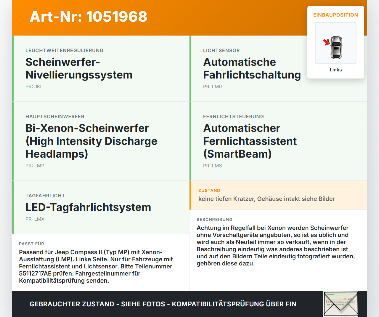 Jeep Compass II 17-21 Xenon Scheinwerfer Frontscheinwerfer Links Jeep Compass II 17-21 12.08.2019 0053475236... Vorschau 3