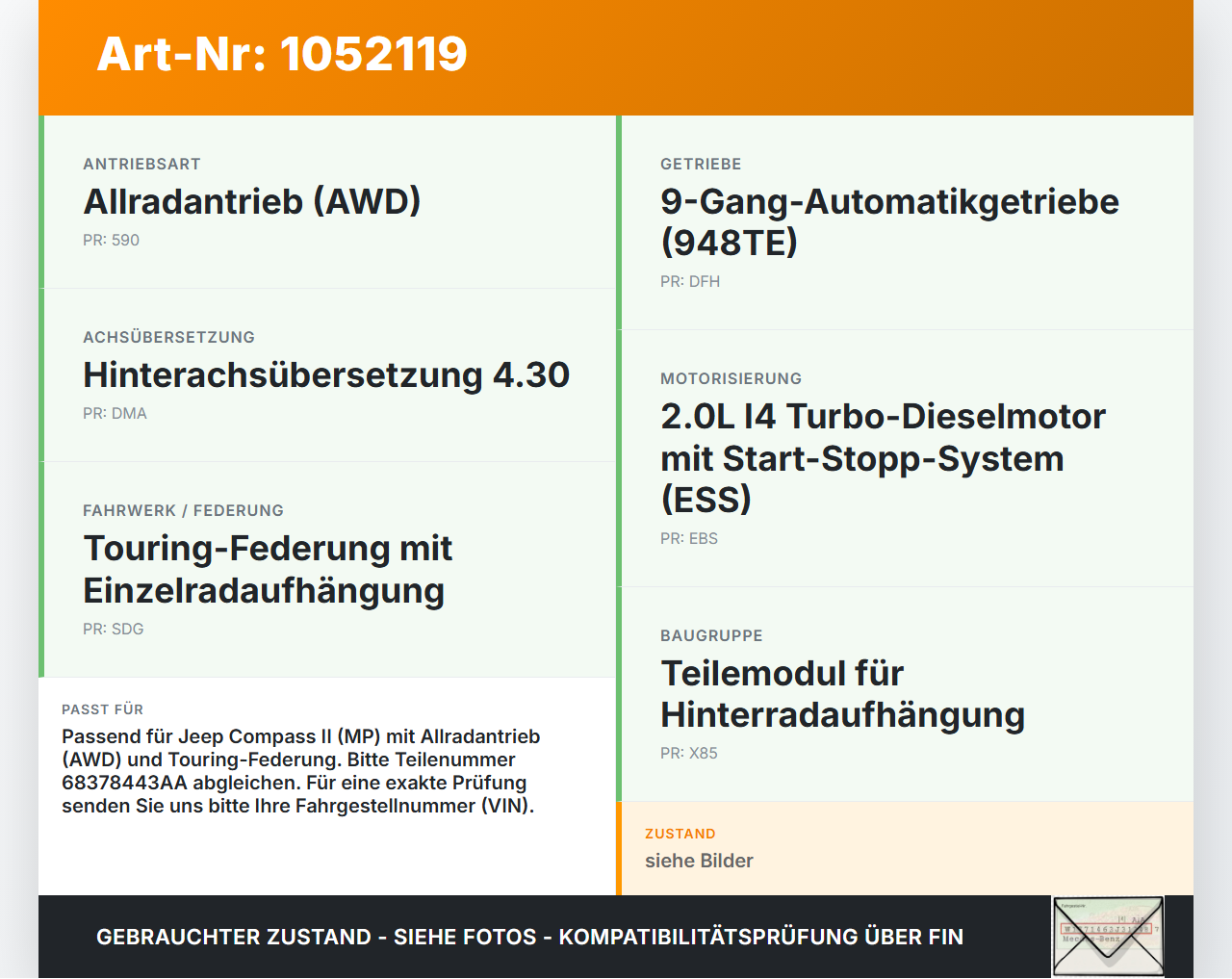 Jeep Compass II 17-21 Hinterachse Achse Achsträger Jeep Compass II 17-21 12.08.2019 68378443AA gebraucht Vorschau 3