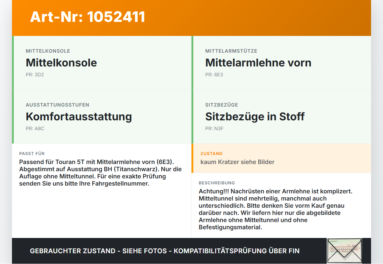 VW Touran II 5T 15-24 Armlehne Mittelarmlehne Auflage Leder VW Touran II 5T 15-24 12.05.2016 5TA864207B gebraucht Vorschau 3