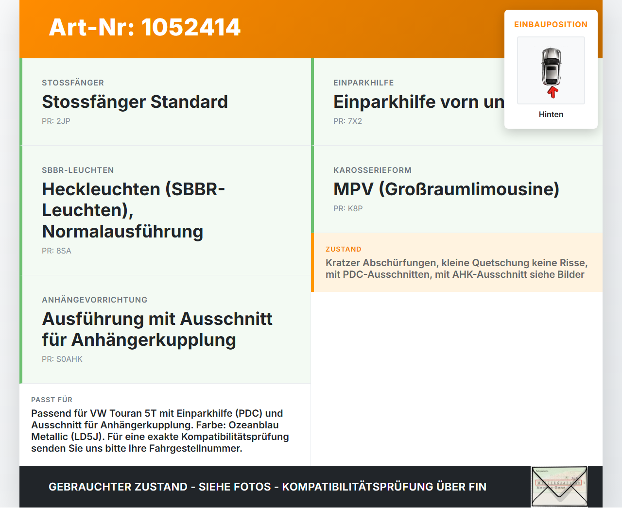 VW Touran II 5T 15-24 Stoßstange Stoßfänger Heckstosstange Hinten LD5J VW Touran II 5T 15-24 12.05.2016 5TA807305... Vorschau 3