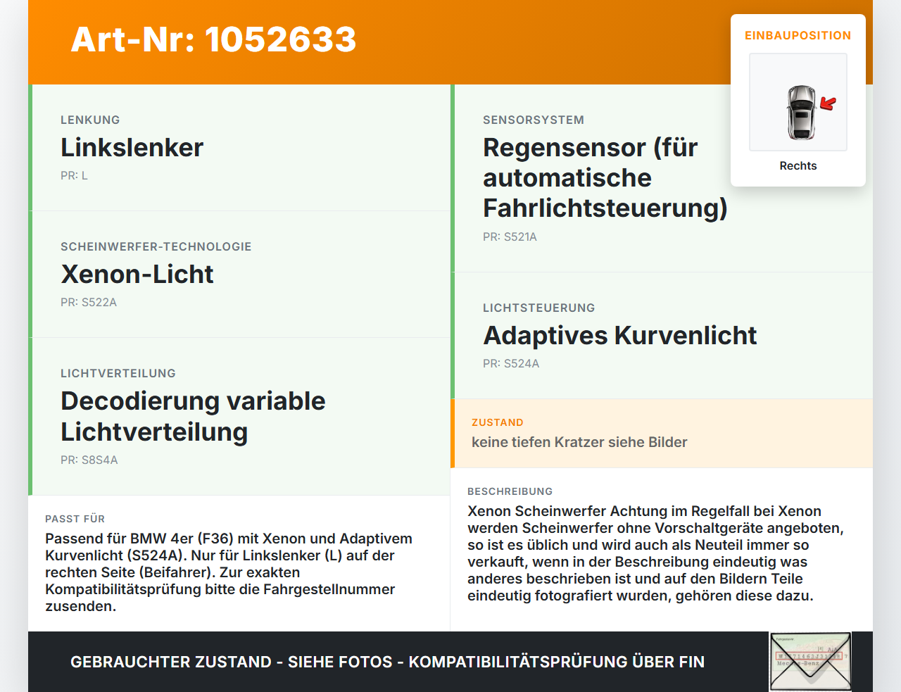 BMW 428i F36 14-17 Xenon Scheinwerfer Frontscheinwerfer Rechts orig. BMW 428i F36 14-17 02.06.2016 7377854... Vorschau 3
