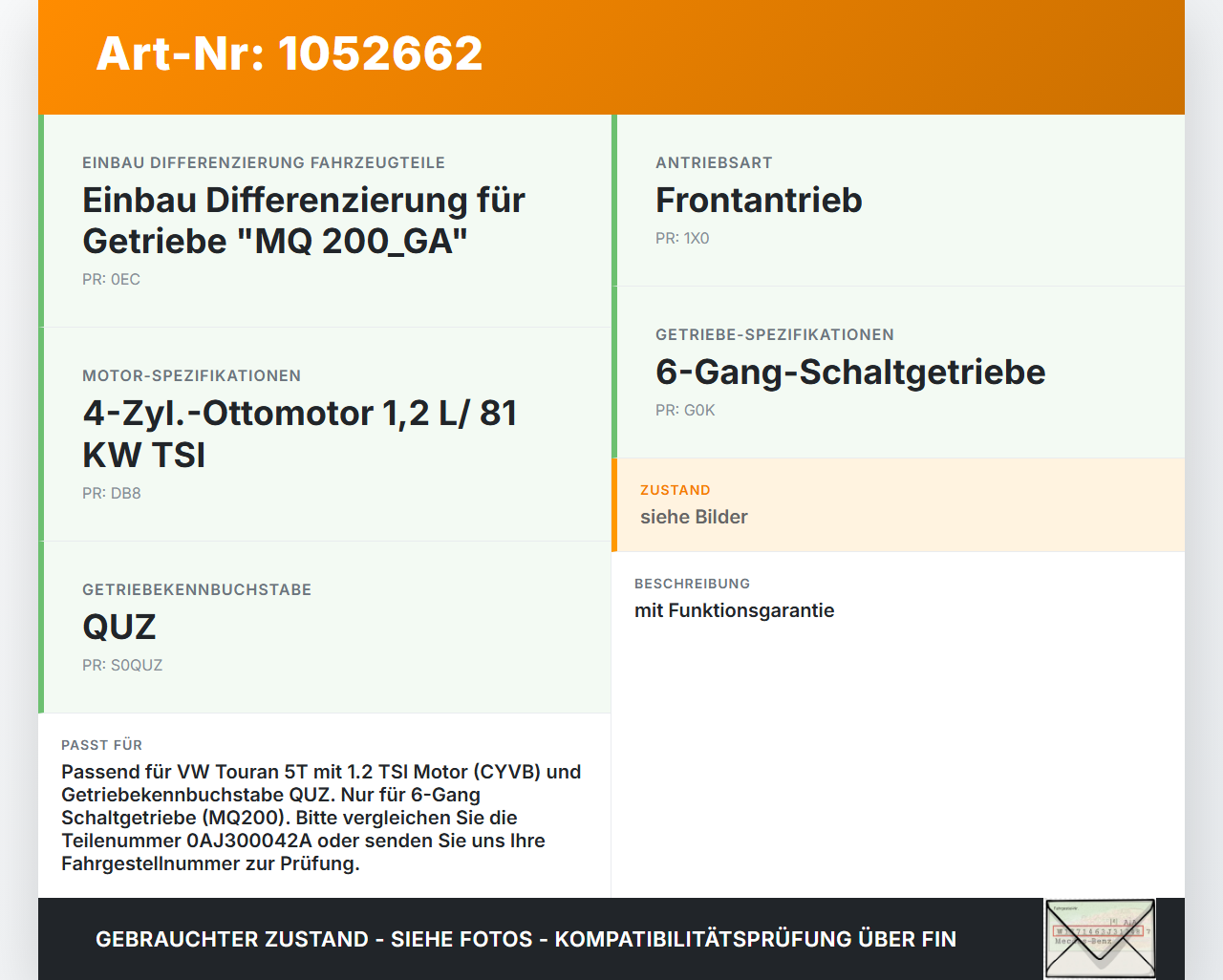 VW Touran II 5T 15-24 TSI 1,2 81KW Schaltgetriebe Getriebe 6G VW Touran II 5T 15-24 12.05.2016 0AJ300042A gebraucht Vorschau 3