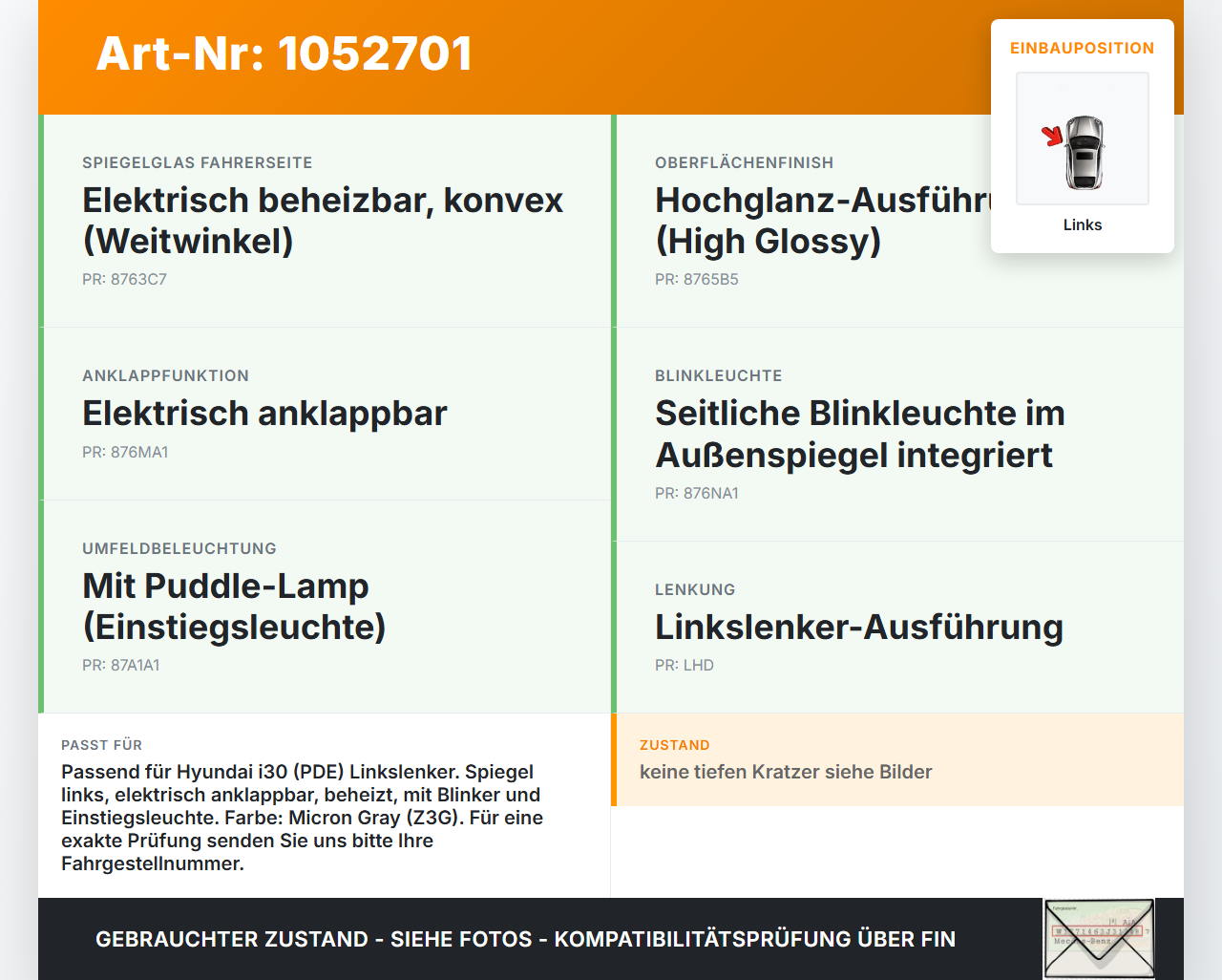 Hyundai PDE 17-20 Spiegel Aussenspiegel Links elektr Z3G Hyundai PDE 17-20 28.03.2019 87610G-4240 gebraucht Vorschau 3