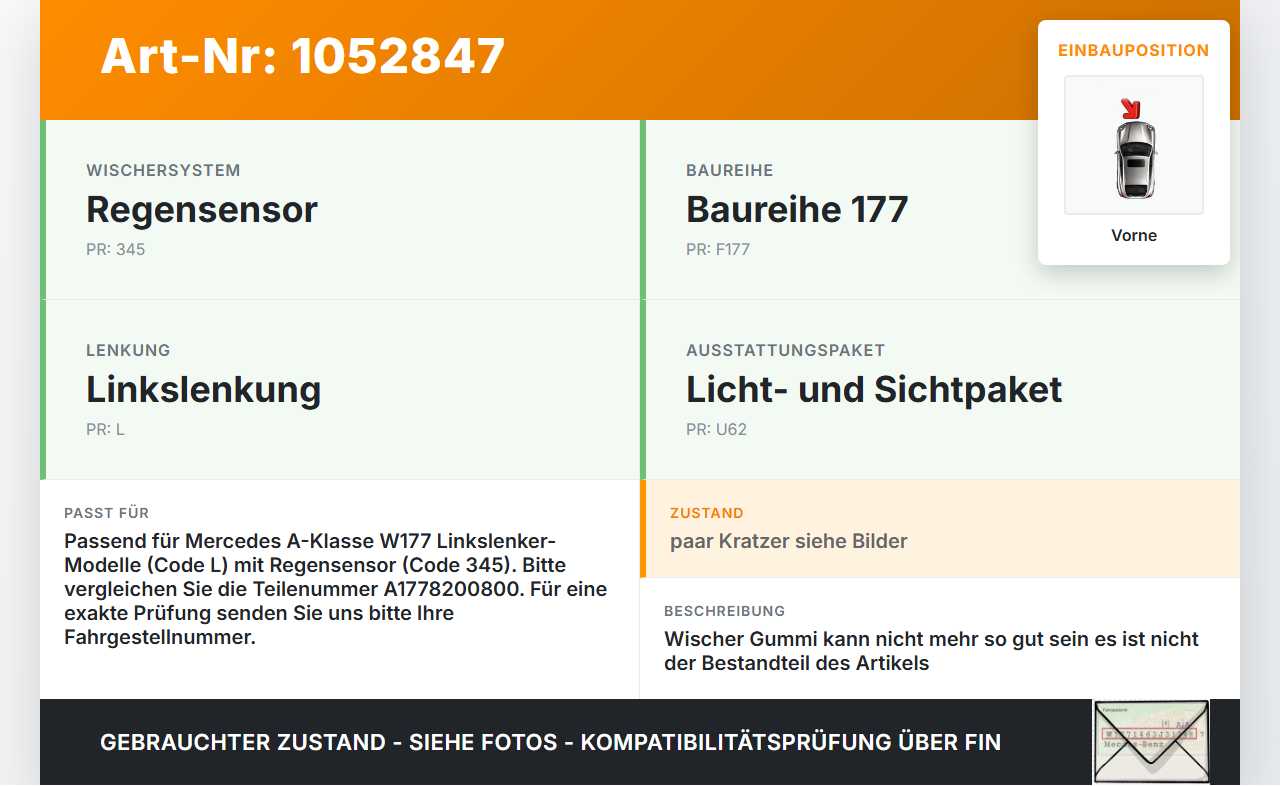 Mercedes W177 A200d 18-22 2x Scheibenwischer Wischarm Vorne Mercedes W177 A200d 18-22 12.07.2019 A1778200800 gebraucht Vorschau 3