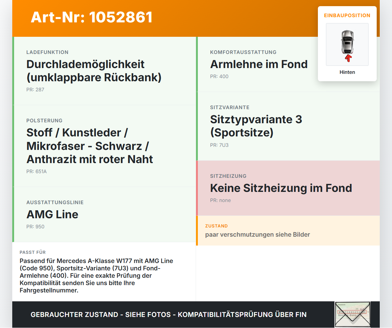 Mercedes W177 A200d 18-22 Lim Sitzbezug Sitzpolster für Rücksitzbank Hinten rote Naht Mercedes W177 A200d 18-22... Vorschau 3