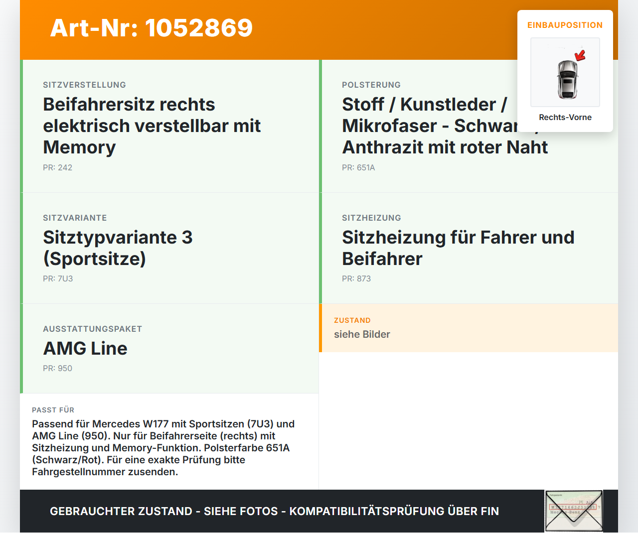 Mercedes W177 A200d 18-22 Lim Sitzbezug Rückenpolster Rechts Vorne für Beifahrer Sitz beheizt rote Naht Mercedes... Vorschau 3