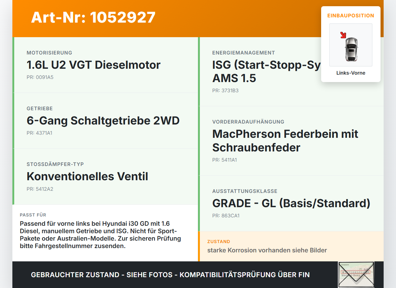 Hyundai I 30 GD 15-17 Lim Federbein Stossdämpfer Vorne Links Hyundai I 30 GD 15-17 30.10.2015 114204002FA... Vorschau 3