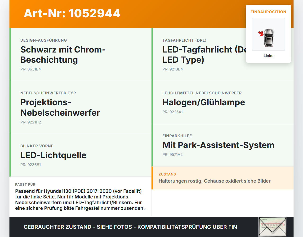 Hyundai PDE 17-20 Nebelscheinwerfer Links orig. Hyundai PDE 17-20 28.03.2019 92201G-4100 gebraucht Vorschau 3