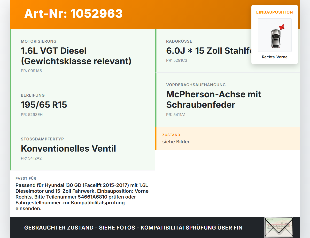Hyundai I 30 GD 15-17 Lim Federbein Stossdämpfer Vorne Rechts Hyundai I 30 GD 15-17 30.10.2015 54661A6810... Vorschau 3
