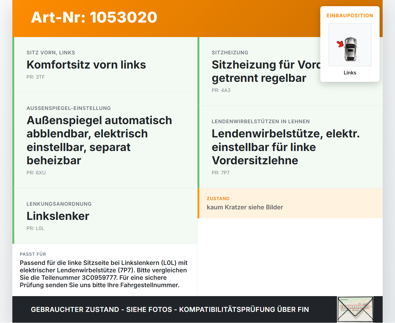VW Passat 3C B7 10-14 Sitzverstellung Schalter Memory Links VW Passat 3C B7 10-14 21.03.2011 3C0959777 gebraucht Vorschau 3