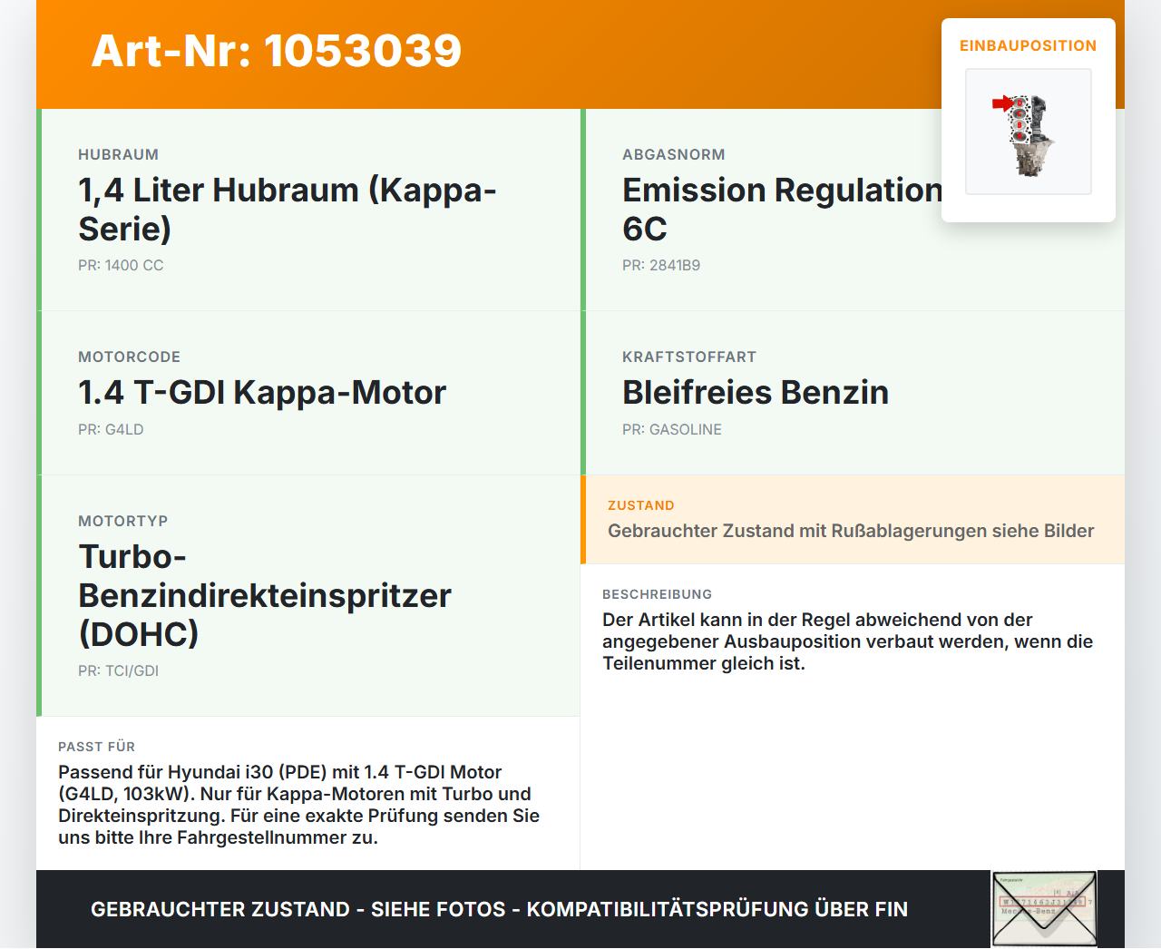 Hyundai PDE 17-20 1,4i 103KW G4LD Kolben mit Pleuel Pos D Hyundai PDE 17-20 28.03.2019 16E6B K31U2 23041-03920 gebraucht Vorschau 3
