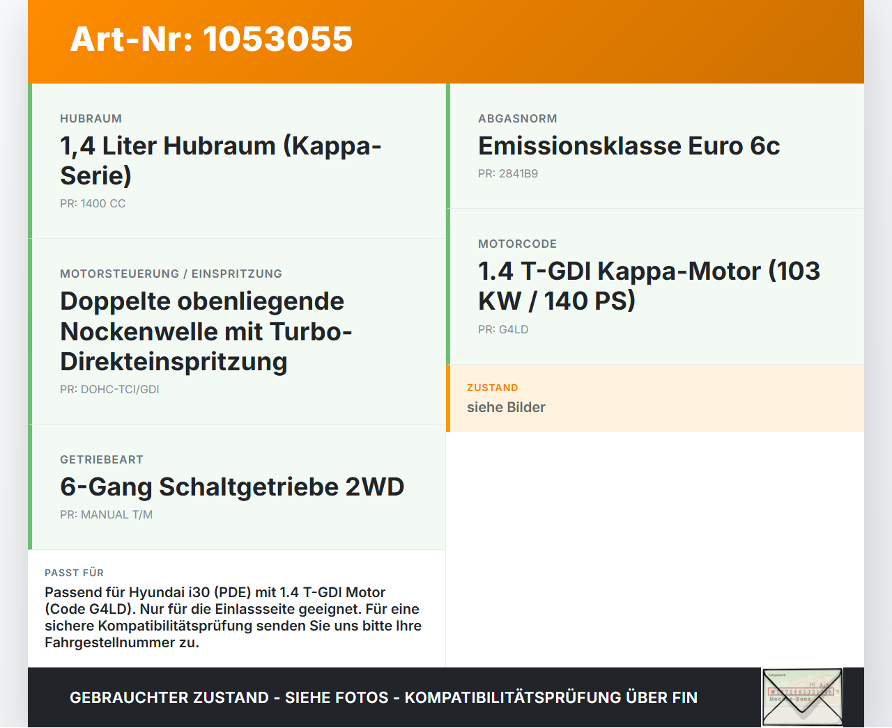 Hyundai PDE 17-20 1,4i 103KW G4LD Nockenwelle Einlass Hyundai PDE 17-20 28.03.2019 F7261528 24110-03170 gebraucht Vorschau 3