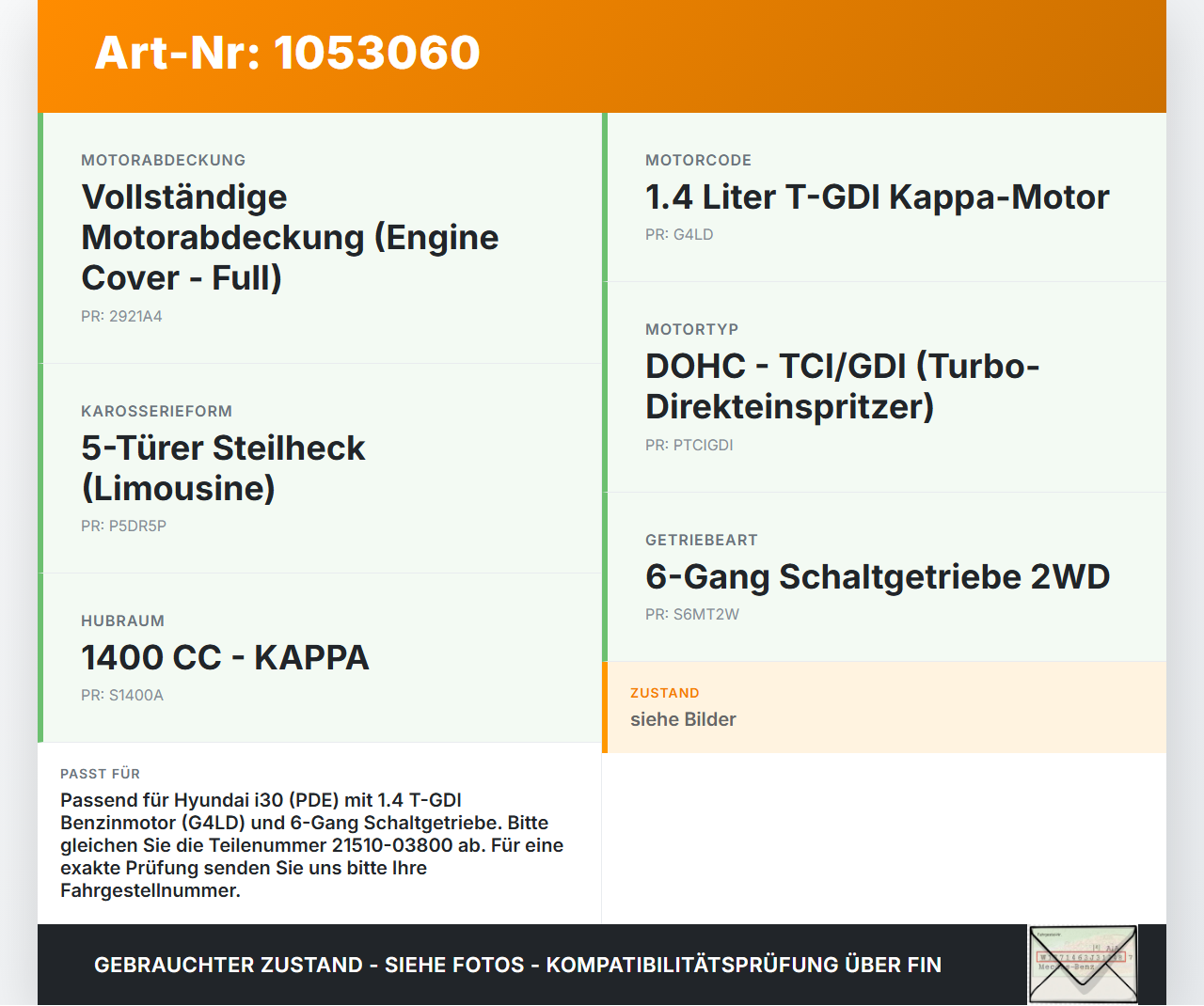Hyundai PDE 17-20 1,4i 103KW G4LD Ölwanne Motorwanne Hyundai PDE 17-20 28.03.2019 21510-03800 gebraucht Vorschau 3