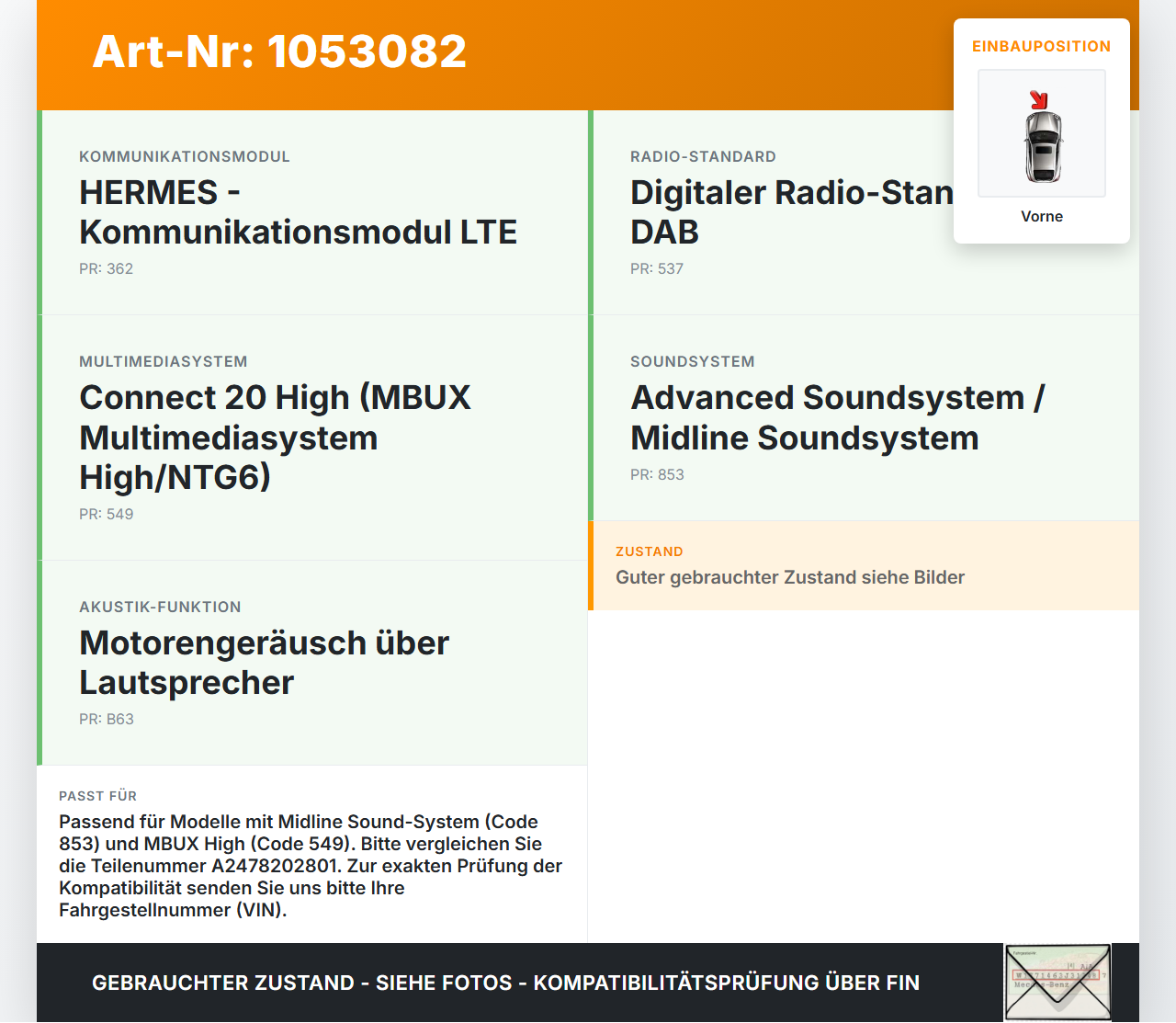 Mercedes W177 A200d 18-22 Lautsprecher Center vorne Mercedes W177 A200d 18-22 12.07.2019 A2478202801 A019120 gebraucht Vorschau 3