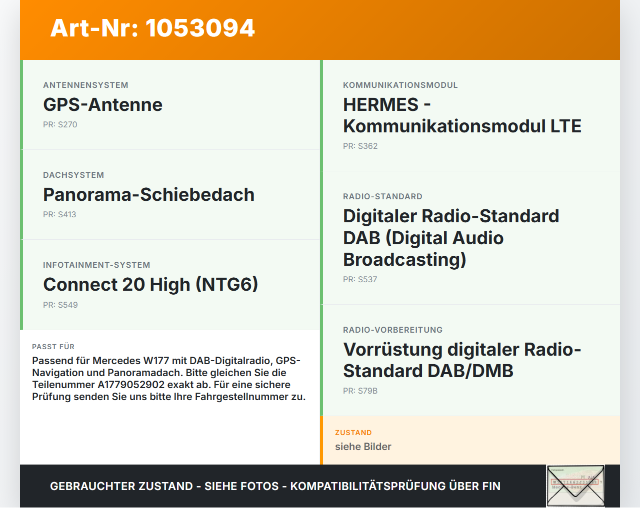 Mercedes W177 A200d 18-22 Antennenverstärker Weiche Antenne Mercedes W177 A200d 18-22 12.07.2019 A1779052902... Vorschau 3
