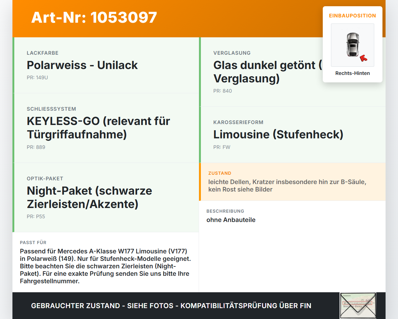 Mercedes W177 A200d 18-22 Lim Tür Schiebetür Rechts Hinten 149 Mercedes W177 A200d 18-22 12.07.2019 A1777301400... Vorschau 3
