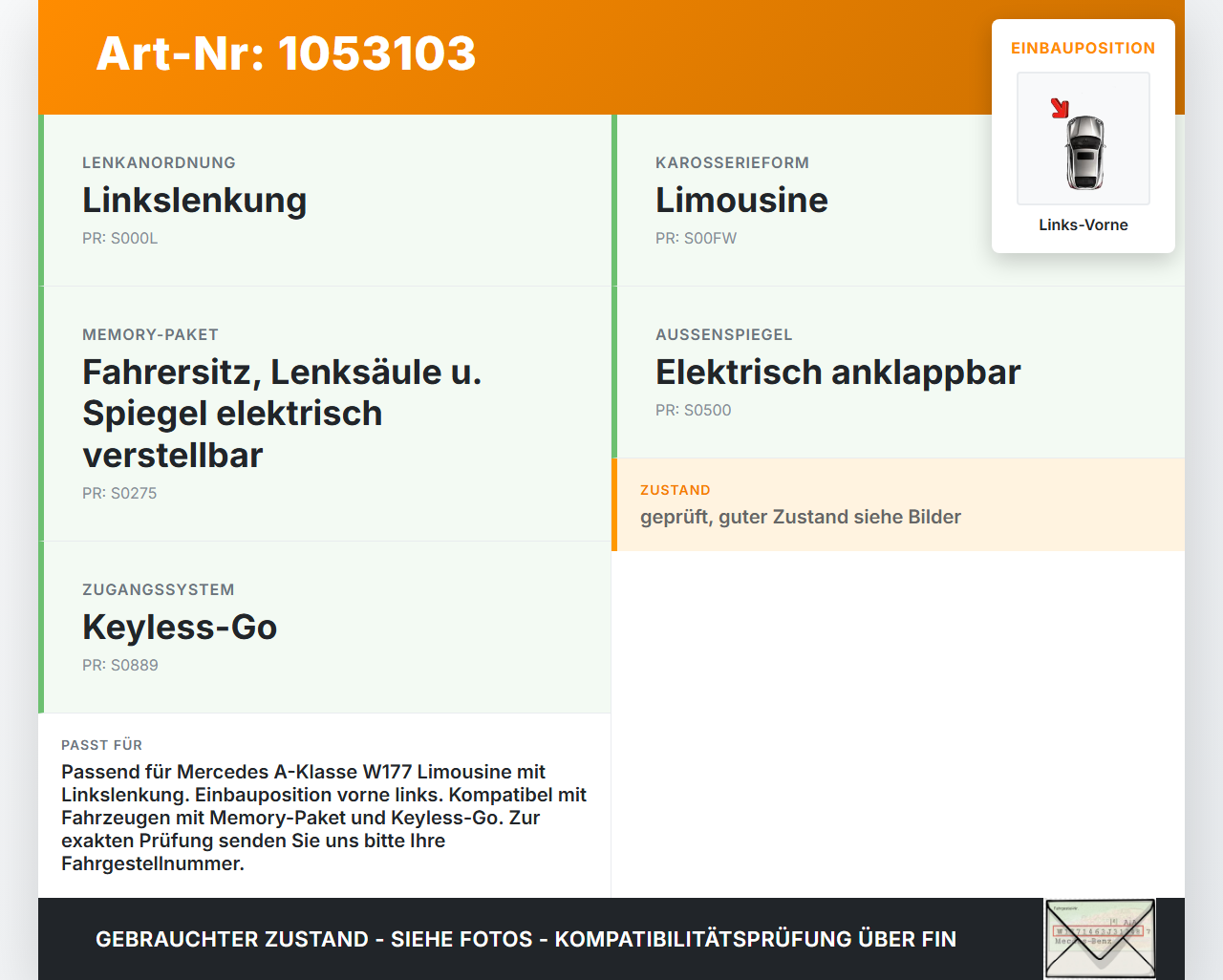 Mercedes W177 A200d 18-22 Lim Fensterheber o. FH-Motor Links Vorne Mercedes W177 A200d 18-22 12.07.2019 A0009062910... Vorschau 3