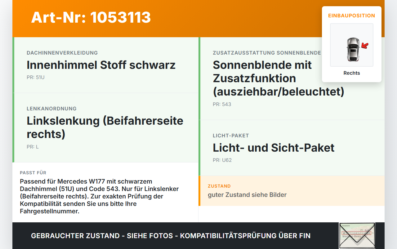 Mercedes W177 A200d 18-22 Sonnenblende Rechts für Beifahrer Mercedes W177 A200d 18-22 12.07.2019 A1778106200... Vorschau 3