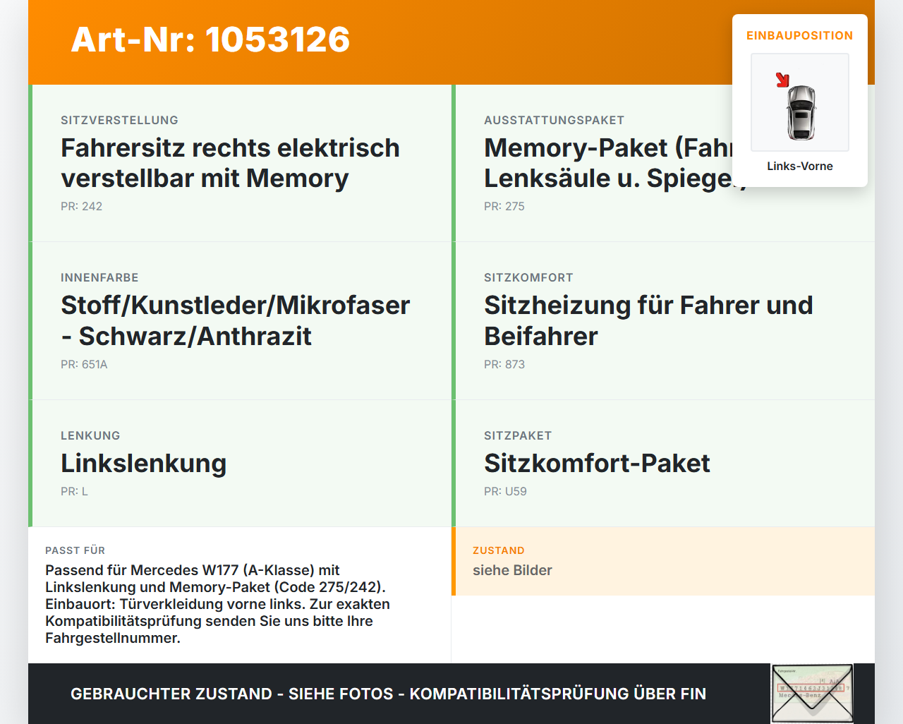 Mercedes W177 A200d 18-22 Schalter Sitzverstellung Memory Links Vorne Mercedes W177 A200d 18-22 12.07.2019... Vorschau 3