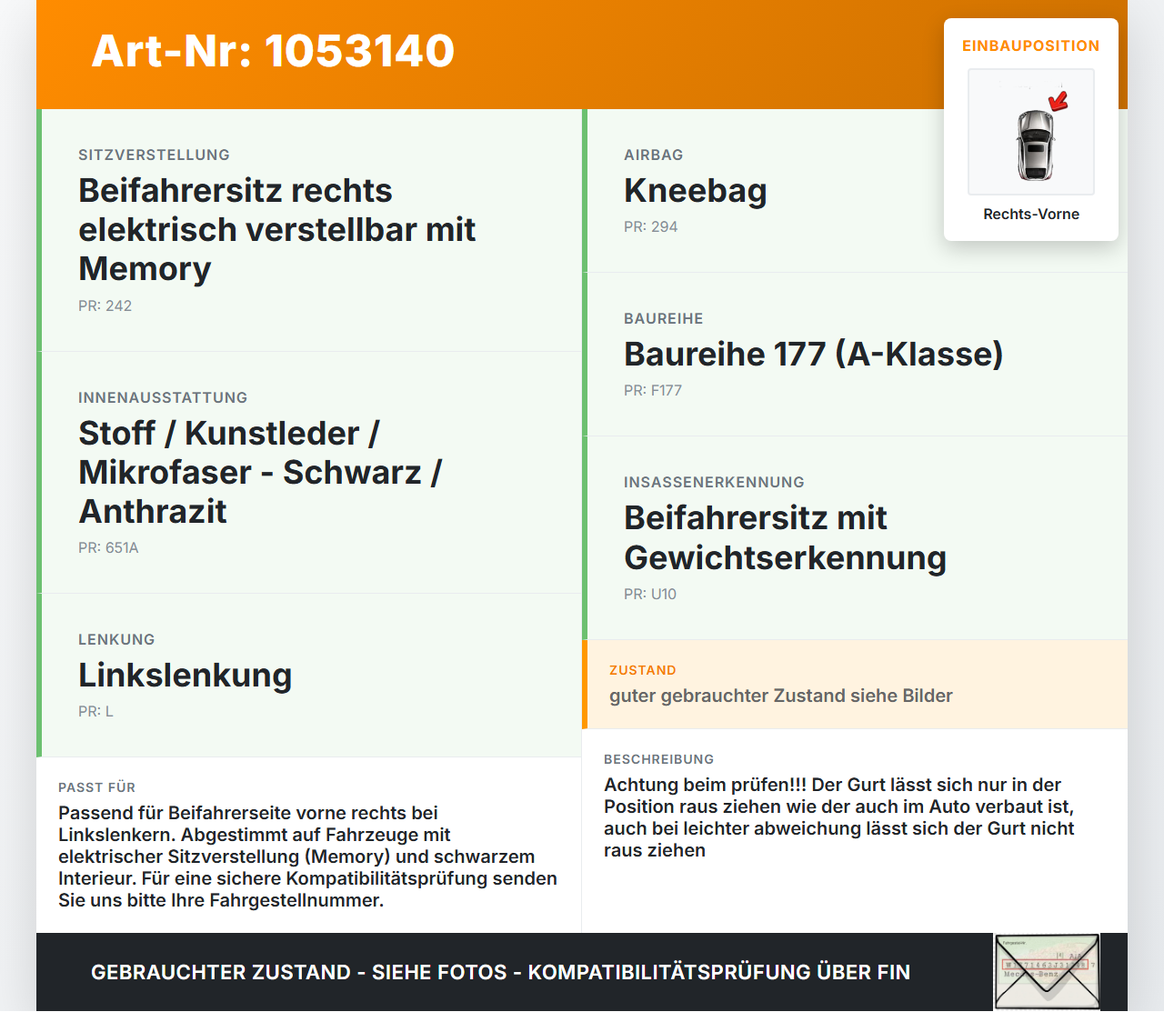 Mercedes W177 A200d 18-22 Lim Gurt Sicherheitsgurt Gurtstraffer für Beifahrer Rechts Vorne Mercedes W177 A200d... Vorschau 3