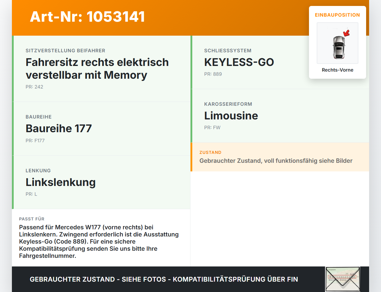 Mercedes W177 A200d 18-22 Lim Türschloss m. ZV Stellmotor Rechts Vorne Mercedes W177 A200d 18-22 12.07.2019... Vorschau 3