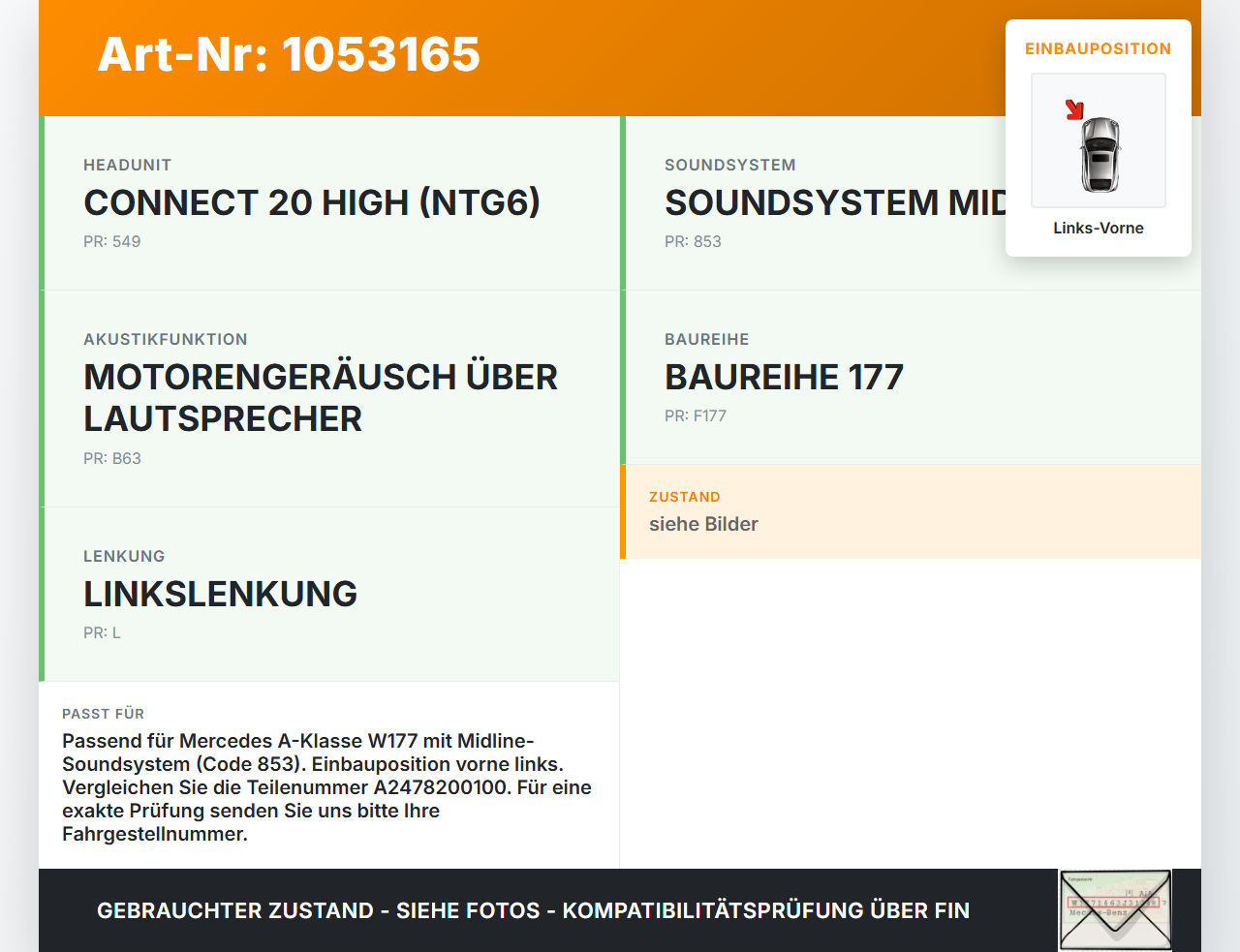 Mercedes W177 A200d 18-22 Lautsprecher Hochtöner Links Vorne Mercedes W177 A200d 18-22 12.07.2019 A2478200100... Vorschau 3