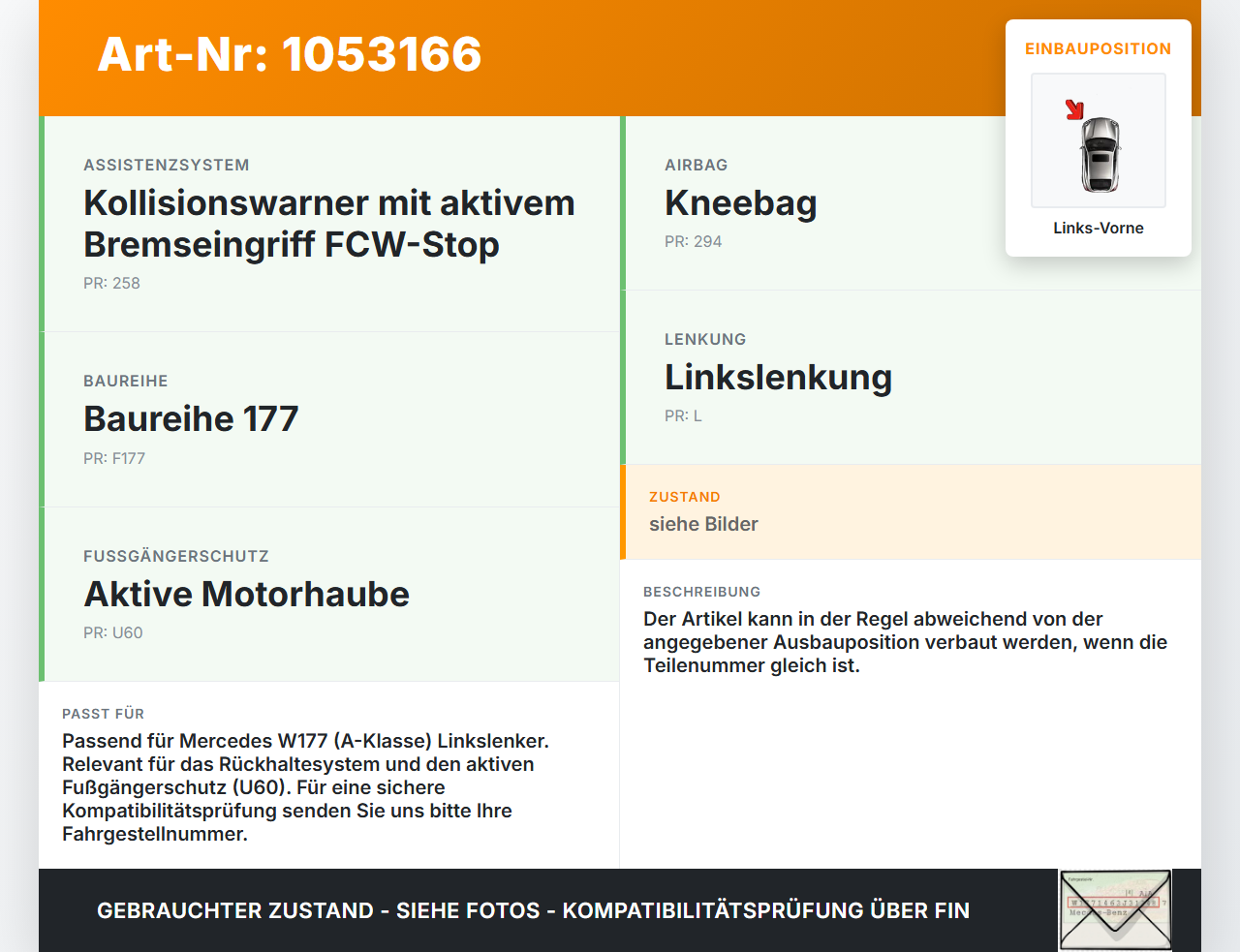 Mercedes W177 A200d 18-22 Sensor für Airbag Crashsensor Airbagsensor Links Vorne Mercedes W177 A200d 18-22... Vorschau 3