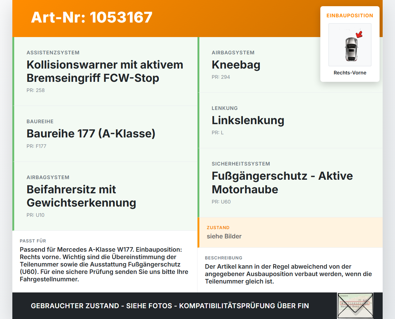 Mercedes W177 A200d 18-22 Sensor für Airbag Crashsensor Airbagsensor Rechts Vorne Mercedes W177 A200d 18-22... Vorschau 3