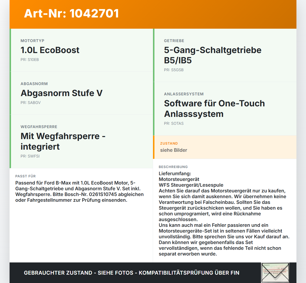Ford B-Max JK 12-17 1,0 92KW Satz Motorsteuergerät ECU Ford B-Max JK 12-17 03.04.2014 DV21-12A650-PD CV6A-12B684-BB... Vorschau 3