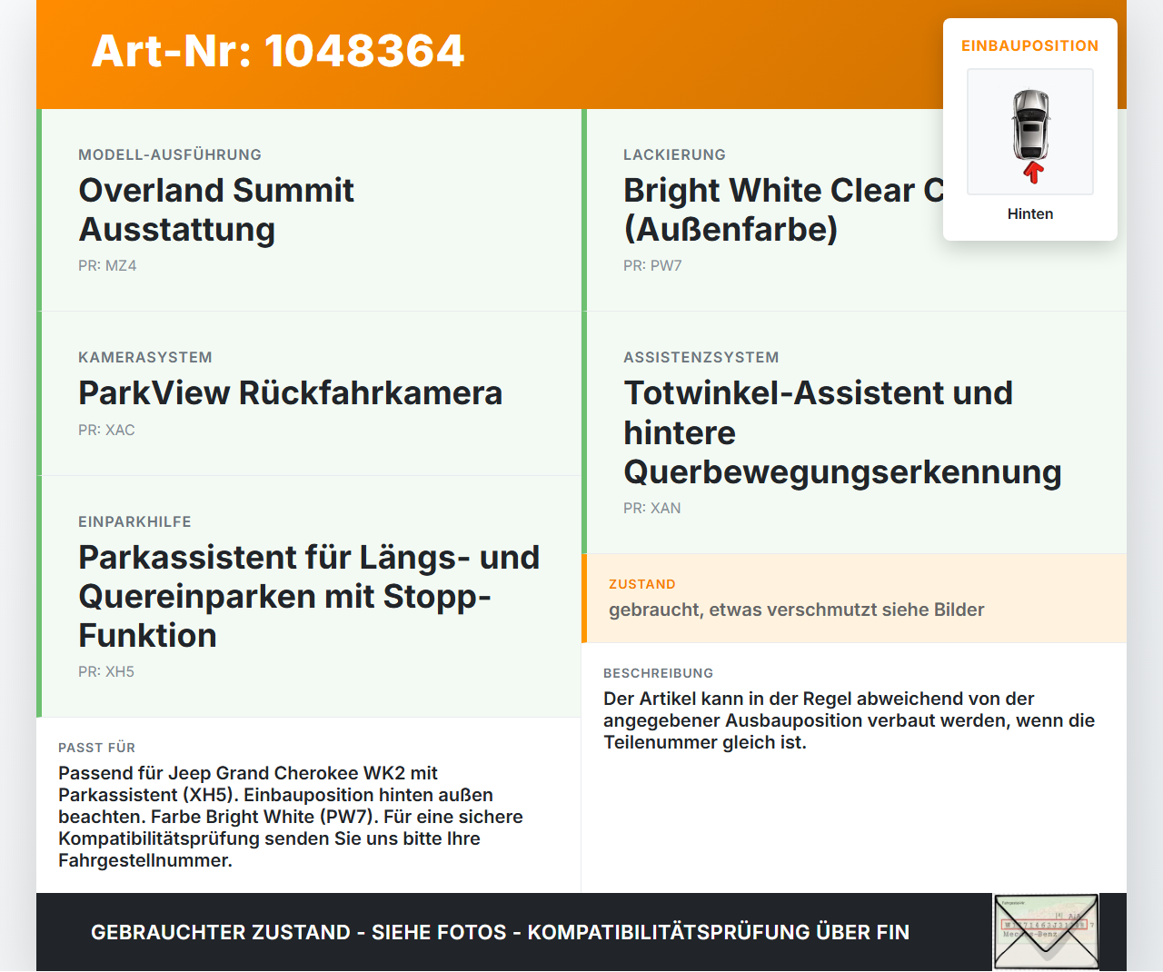 Jeep Grand Cherokee WK2 13-17 Abstands Sensor Parksensor PDC Hinten Aussen Pos.1 PW7 Jeep Grand Cherokee WK2 13-17... Vorschau 3