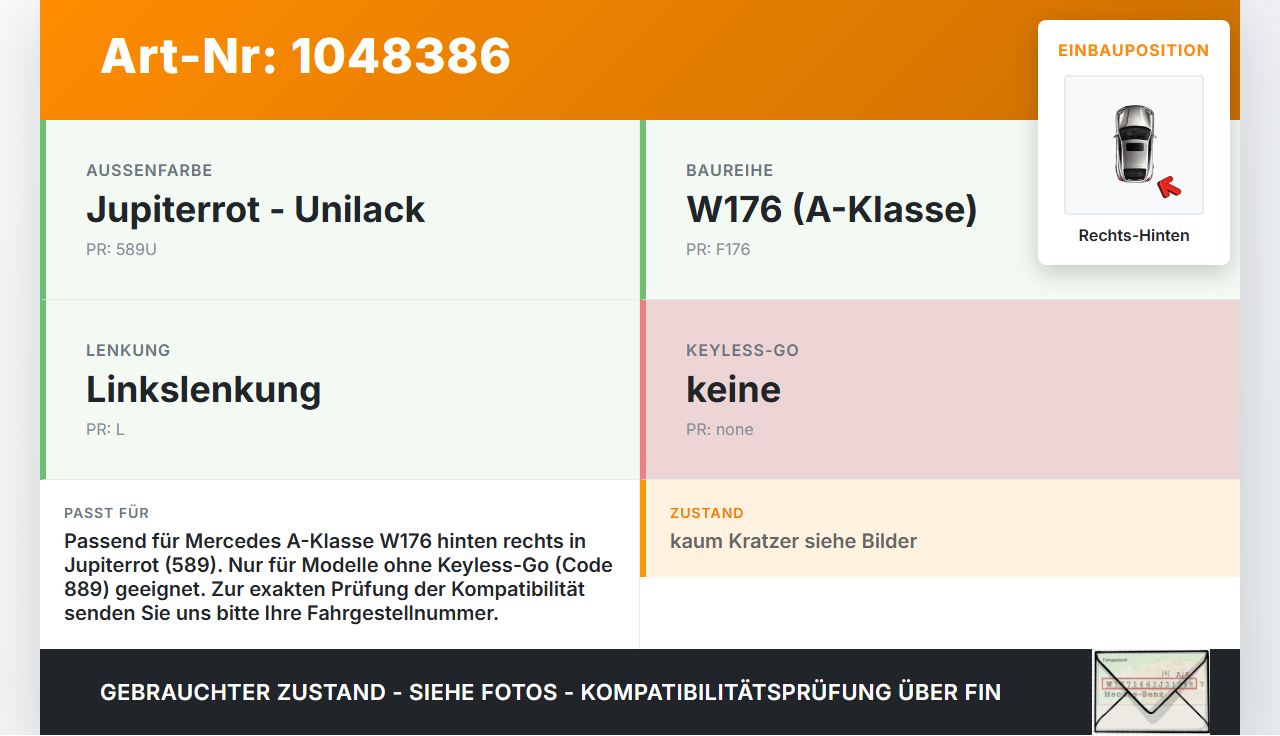 Mercedes W176 A200 12-15 Lim Türgriff Griff aussen Rechts Hinten 589 Mercedes W176 A200 12-15 05.11.2012... Vorschau 3