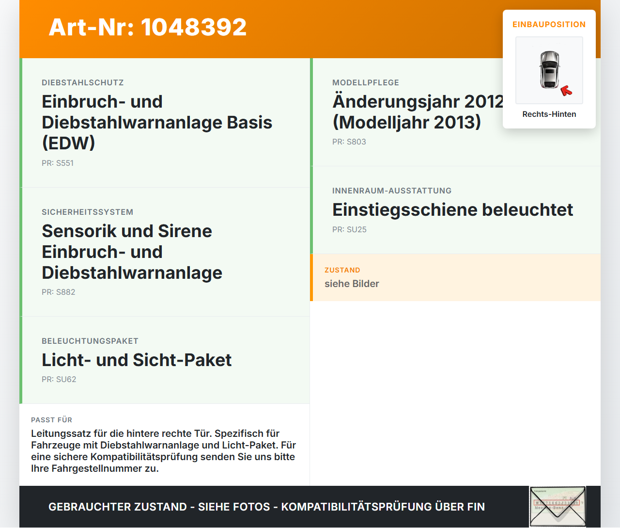 Mercedes W176 A200 12-15 Lim Kabelbaum Leitungssatz für Tür und Fensterheber Hinten Rechts Mercedes W176 A200 12-15... Vorschau 3