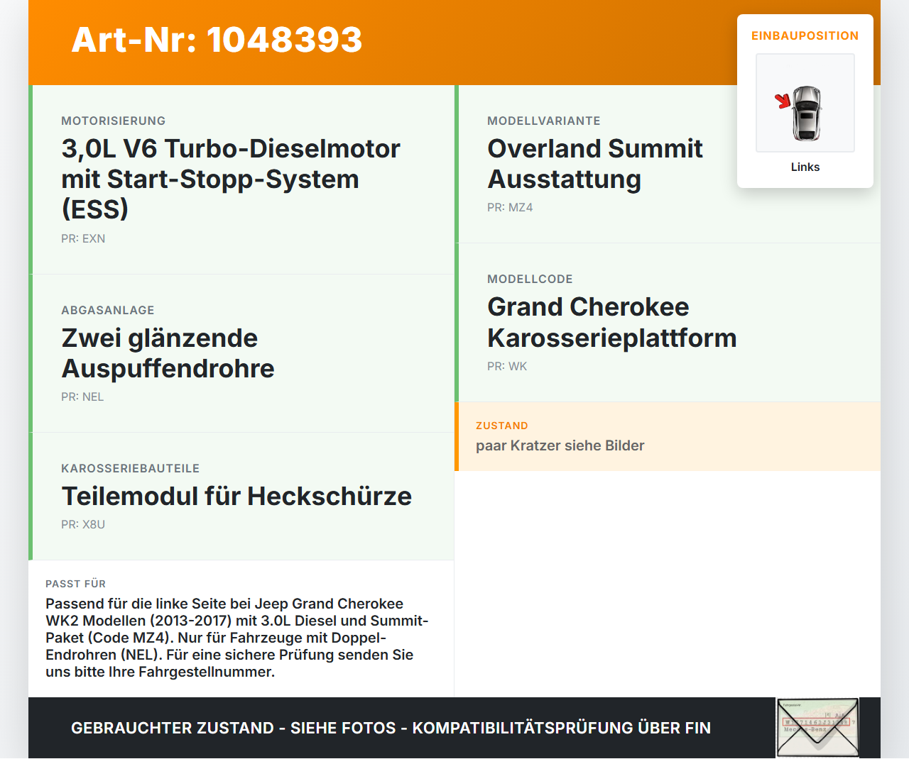 Jeep Grand Cherokee WK2 13-17 3,0d 184KW Endkappe Endstück für Endrohr Auspuff Links Jeep Grand Cherokee WK2 13-17... Vorschau 3