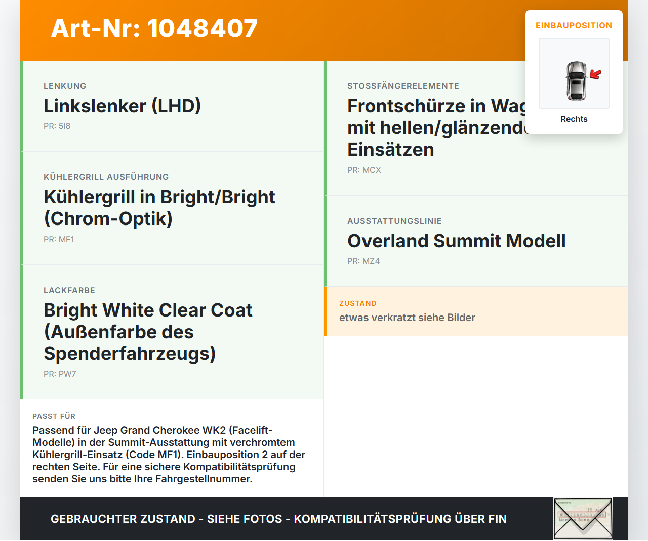 Jeep Grand Cherokee WK2 13-17 3,0d 184KW Kühlergrill Einsatz Grill Gitter Chrom Pos.2 Rechts Jeep Grand Cherokee... Vorschau 3