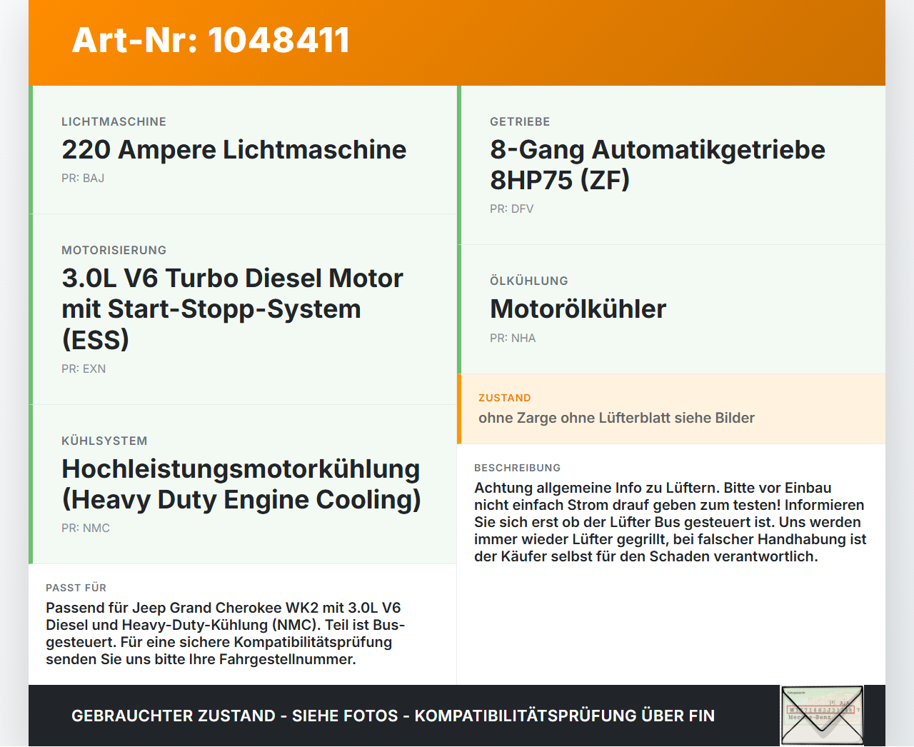 Jeep Grand Cherokee WK2 13-17 3,0d 184KW Stellmotor Actuator Lüfter Ventilator f. Kühler Jeep Grand Cherokee WK2... Vorschau 3