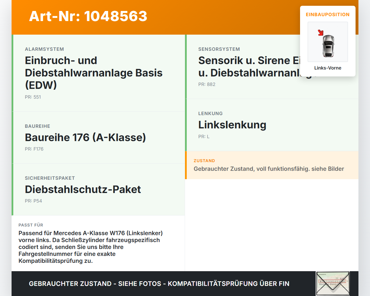 Mercedes W176 A200 12-15 Lim Schließzylinder Türschloss für Tür Links Vorne Mercedes W176 A200 12-15 05.11.2012... Vorschau 3
