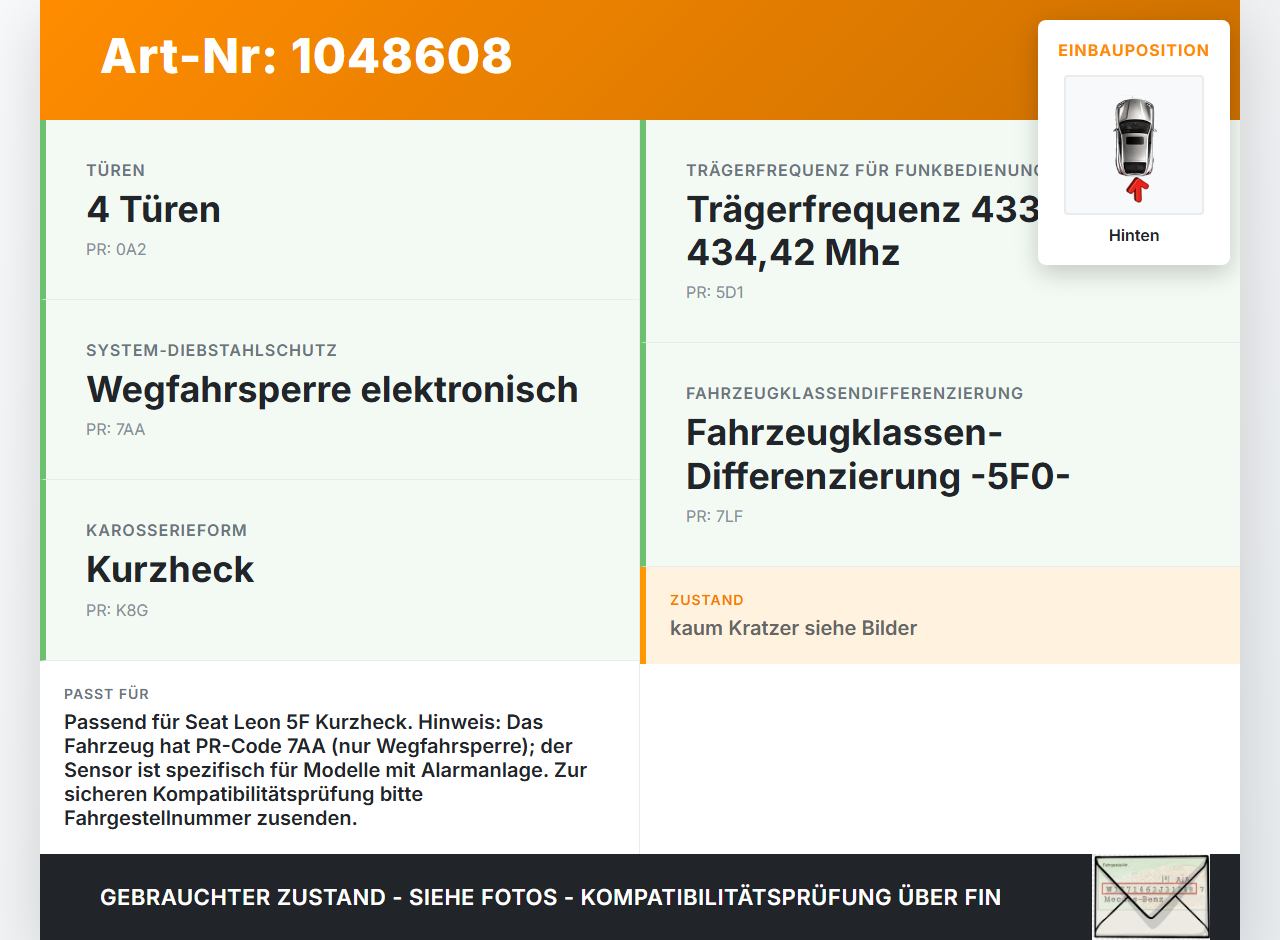 Seat Leon 5F 12-16 Alarmanlage Alarm Sensor Hinten Seat Leon 5F 12-16 17.12.2015 5Q0919279 gebraucht Vorschau 3