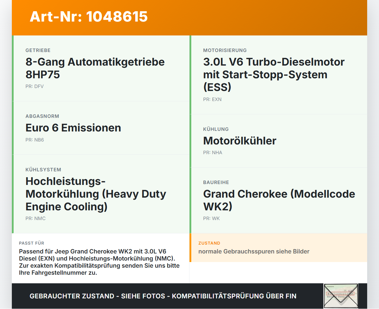 Jeep Grand Cherokee WK2 13-17 3,0d 184KW Ölkühler Jeep Grand Cherokee WK2 13-17 24.02.2017 1224151-13 gebraucht Vorschau 3