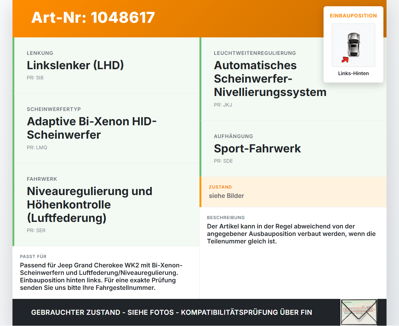 Jeep Grand Cherokee WK2 13-17 Niveausensor Xenon LWR Sensor Neigung Links Hinten Jeep Grand Cherokee WK2 13-17... Vorschau 3