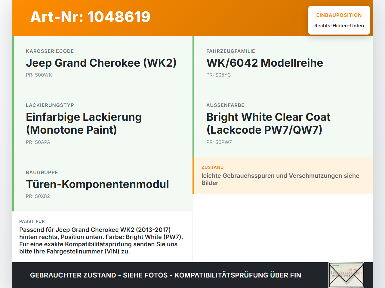 Jeep Grand Cherokee WK2 13-17 Türscharnier Tür Scharnier Rechts Hinten Unten Jeep Grand Cherokee WK2 13-17... Vorschau 3