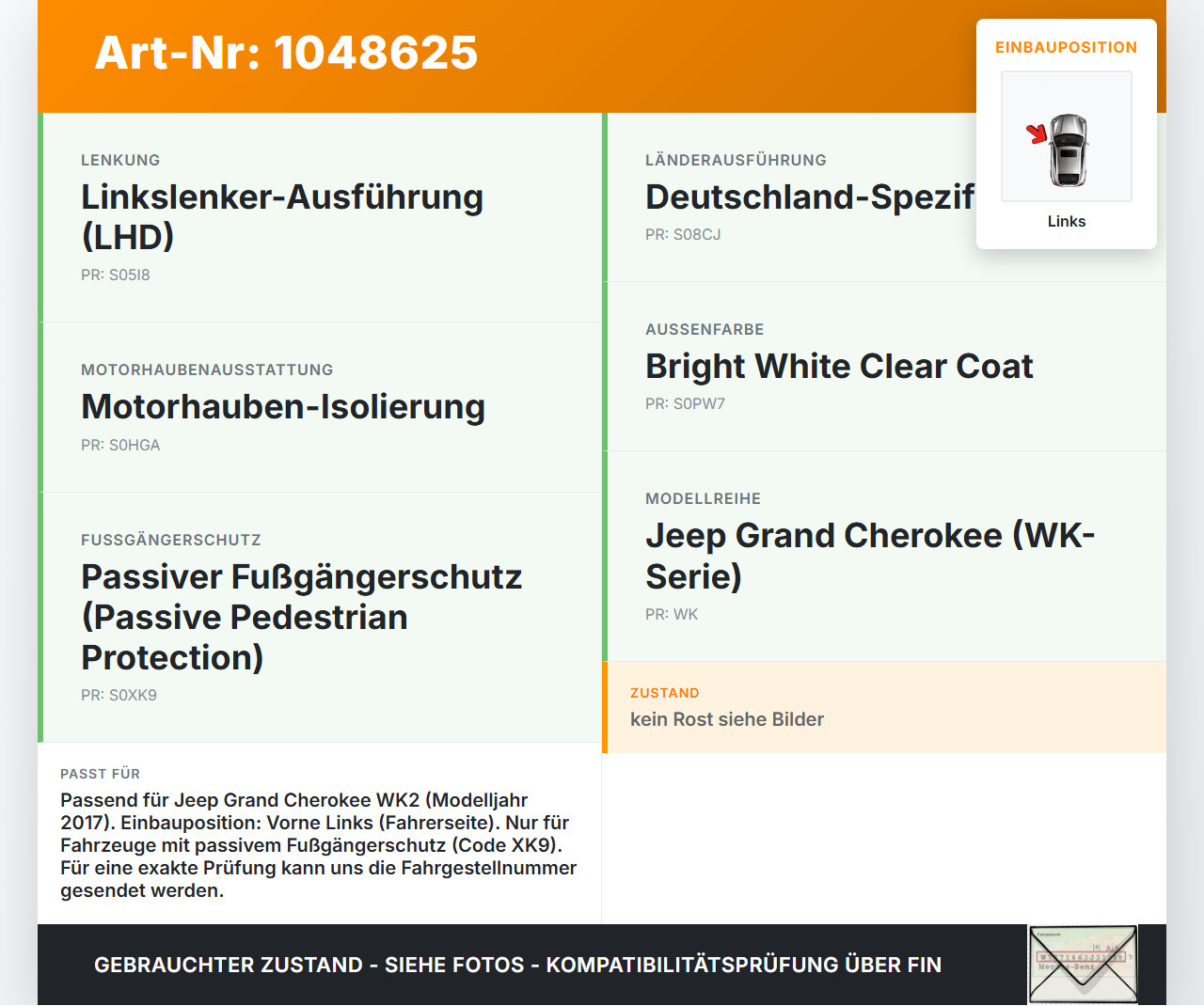 Jeep Grand Cherokee WK2 13-17 Scharnier für Motorhaube Motorhaubenscharnier Links Jeep Grand Cherokee WK2 13-17... Vorschau 3